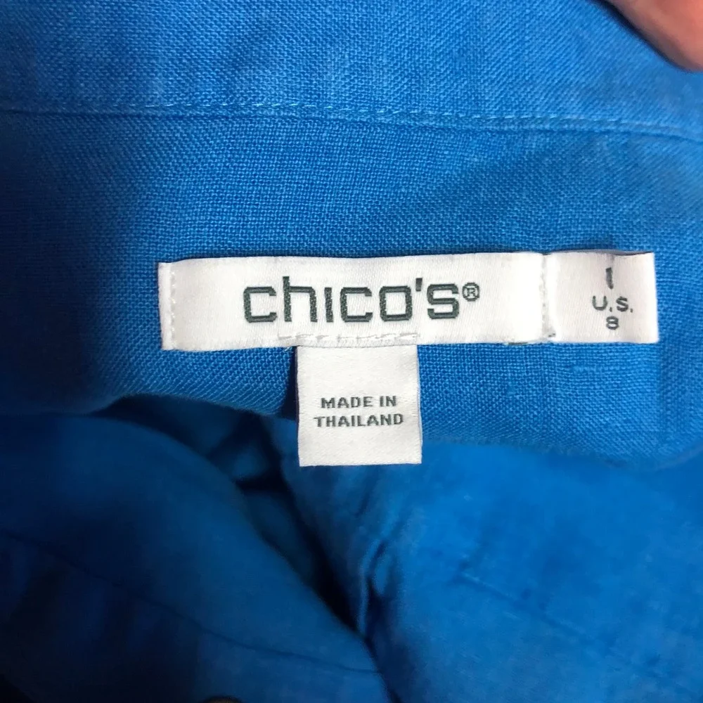 Chico's Womens 100% Linen Button Back‎ Popover Top Size 8 Blue Vacation Resort